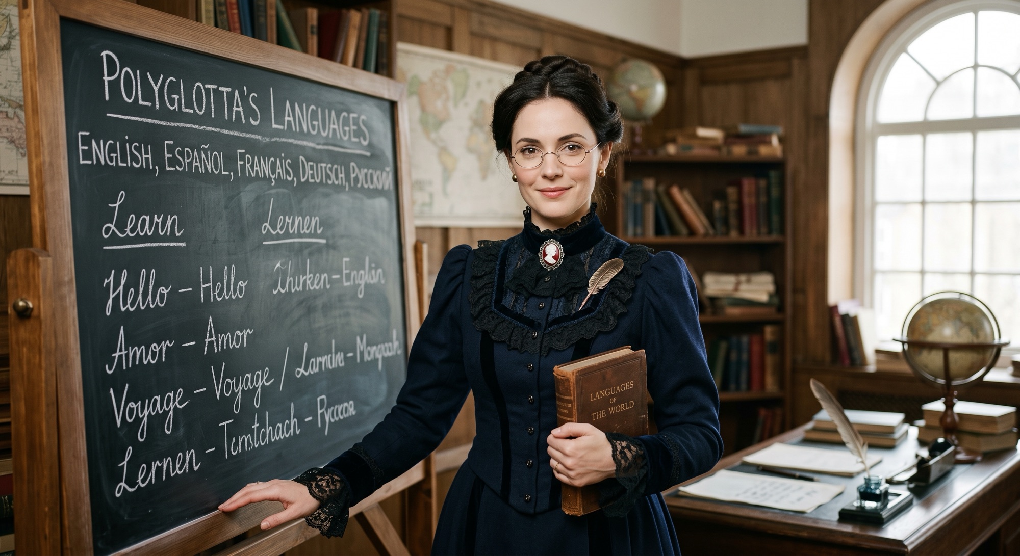 Madame Poly at the blackboard — English, Español, Français, Deutsch